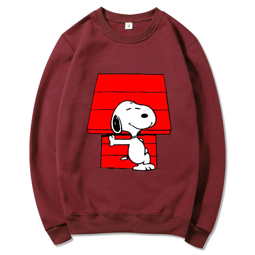 Snoopy Cartoon Anime Women Pullover Spring Autumn Men Round Neck Hoodie 2024 New Fashion Black Couple Sweatshirt Tops