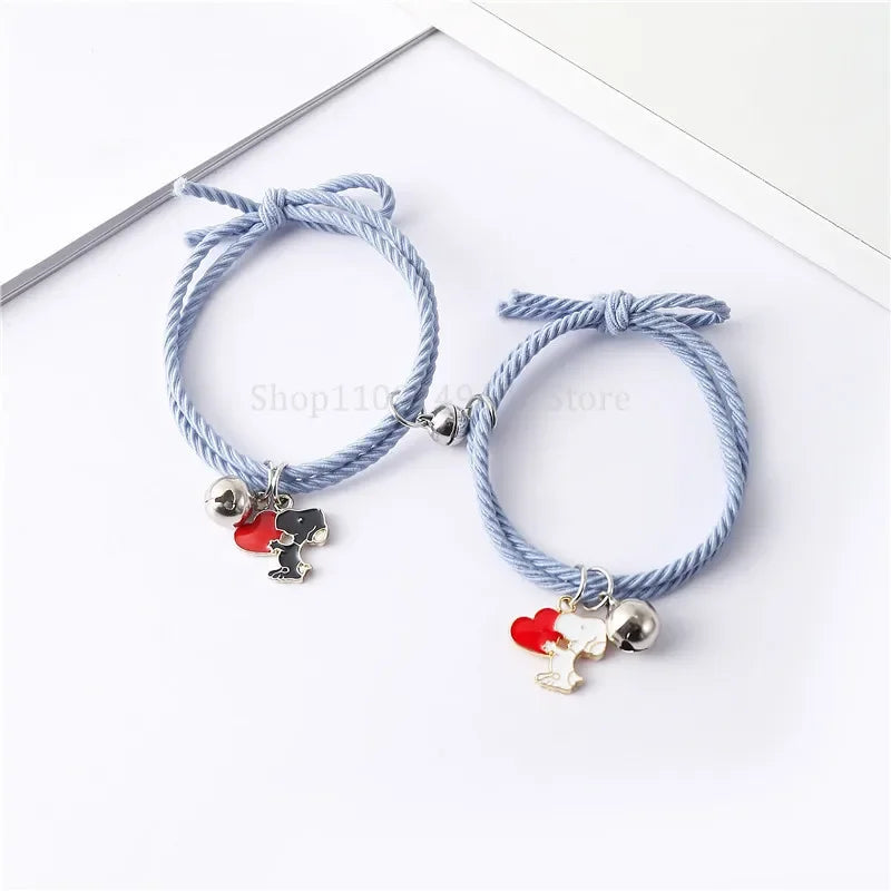 2pcs Cartoon Snoopy Love Bracelet Cute Anime Chain Couple Friends Wear Bell Decoration Birthday Gift Fine Jewelry Accessories