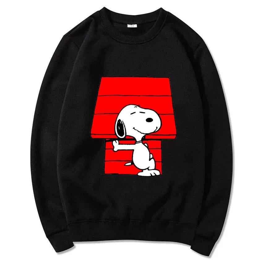 Snoopy Cartoon Anime Women Pullover Spring Autumn Men Round Neck Hoodie 2024 New Fashion Black Couple Sweatshirt Tops