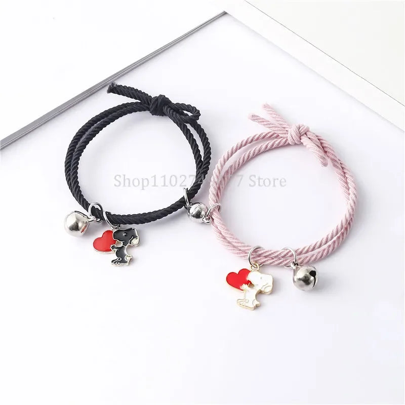 2pcs Cartoon Snoopy Love Bracelet Cute Anime Chain Couple Friends Wear Bell Decoration Birthday Gift Fine Jewelry Accessories