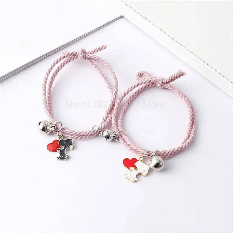 2pcs Cartoon Snoopy Love Bracelet Cute Anime Chain Couple Friends Wear Bell Decoration Birthday Gift Fine Jewelry Accessories