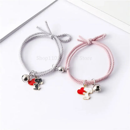 2pcs Cartoon Snoopy Love Bracelet Cute Anime Chain Couple Friends Wear Bell Decoration Birthday Gift Fine Jewelry Accessories