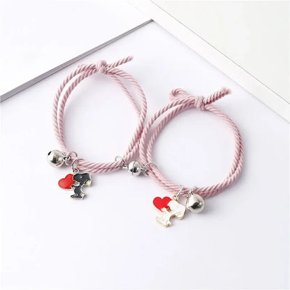 2pcs Cartoon Snoopy Love Bracelet Cute Anime Chain Couple Friends Wear Bell Decoration Birthday Gift Fine Jewelry Accessories