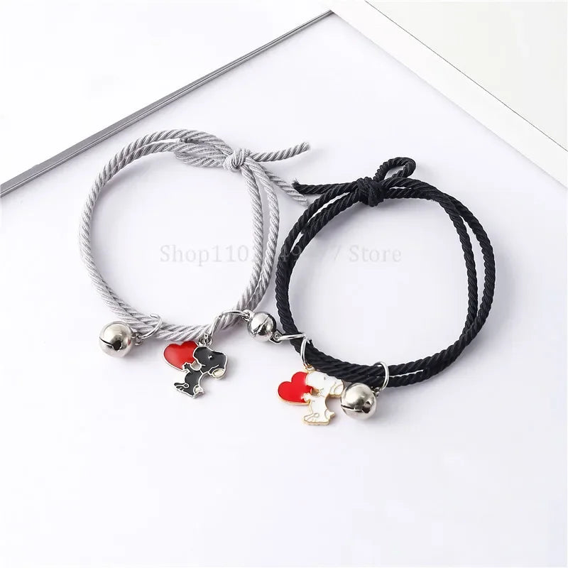 2pcs Cartoon Snoopy Love Bracelet Cute Anime Chain Couple Friends Wear Bell Decoration Birthday Gift Fine Jewelry Accessories