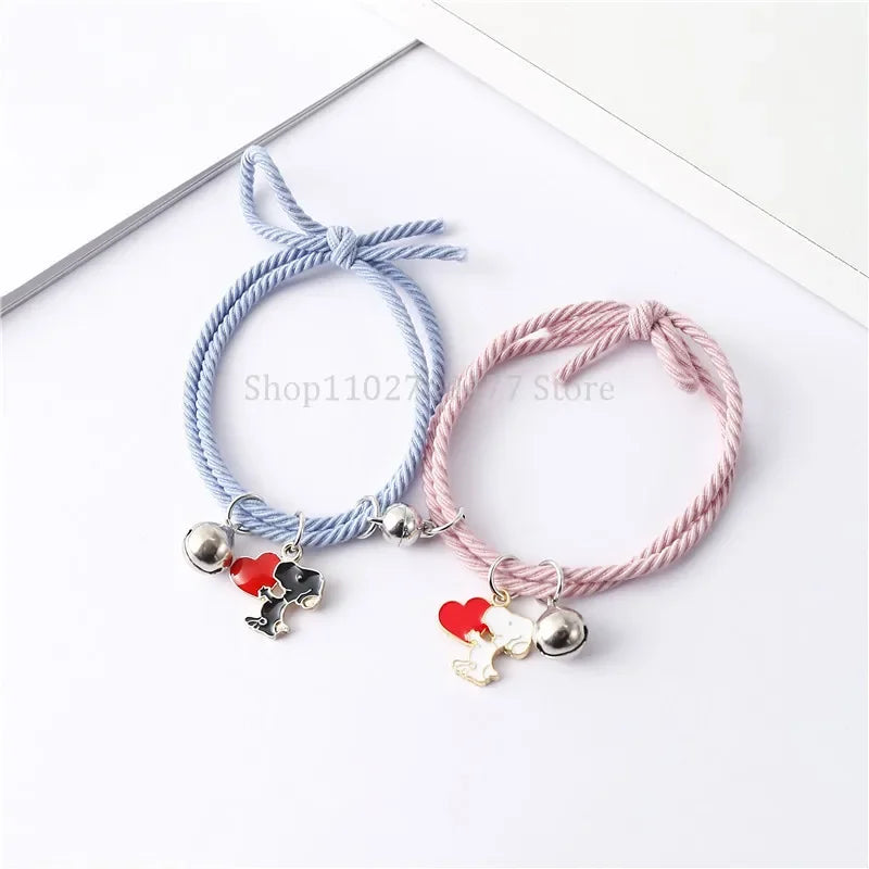 2pcs Cartoon Snoopy Love Bracelet Cute Anime Chain Couple Friends Wear Bell Decoration Birthday Gift Fine Jewelry Accessories